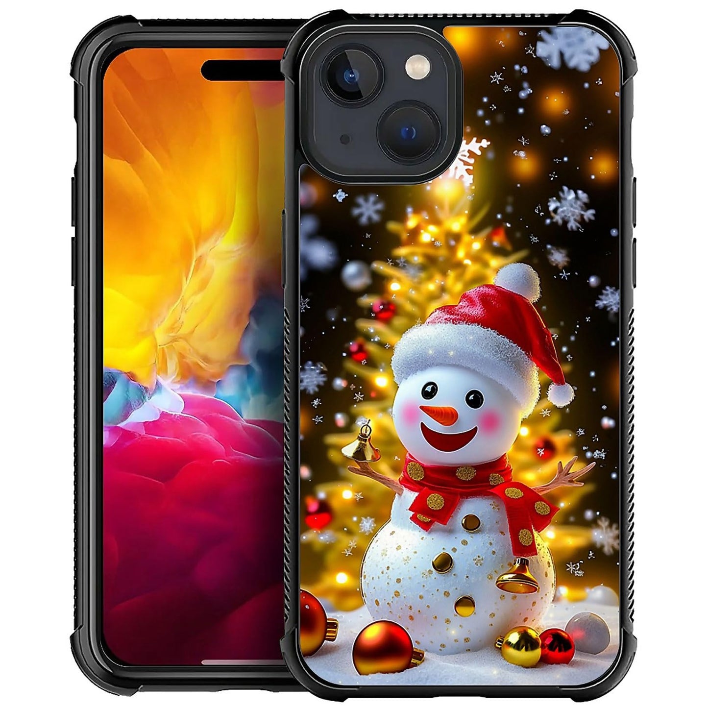 XUANWENPA for iPhone 14 Plus Case,The Black Shell Design is Bright,Anti Drop and Dust-Proof,Christmas Golden Tree Snowman.