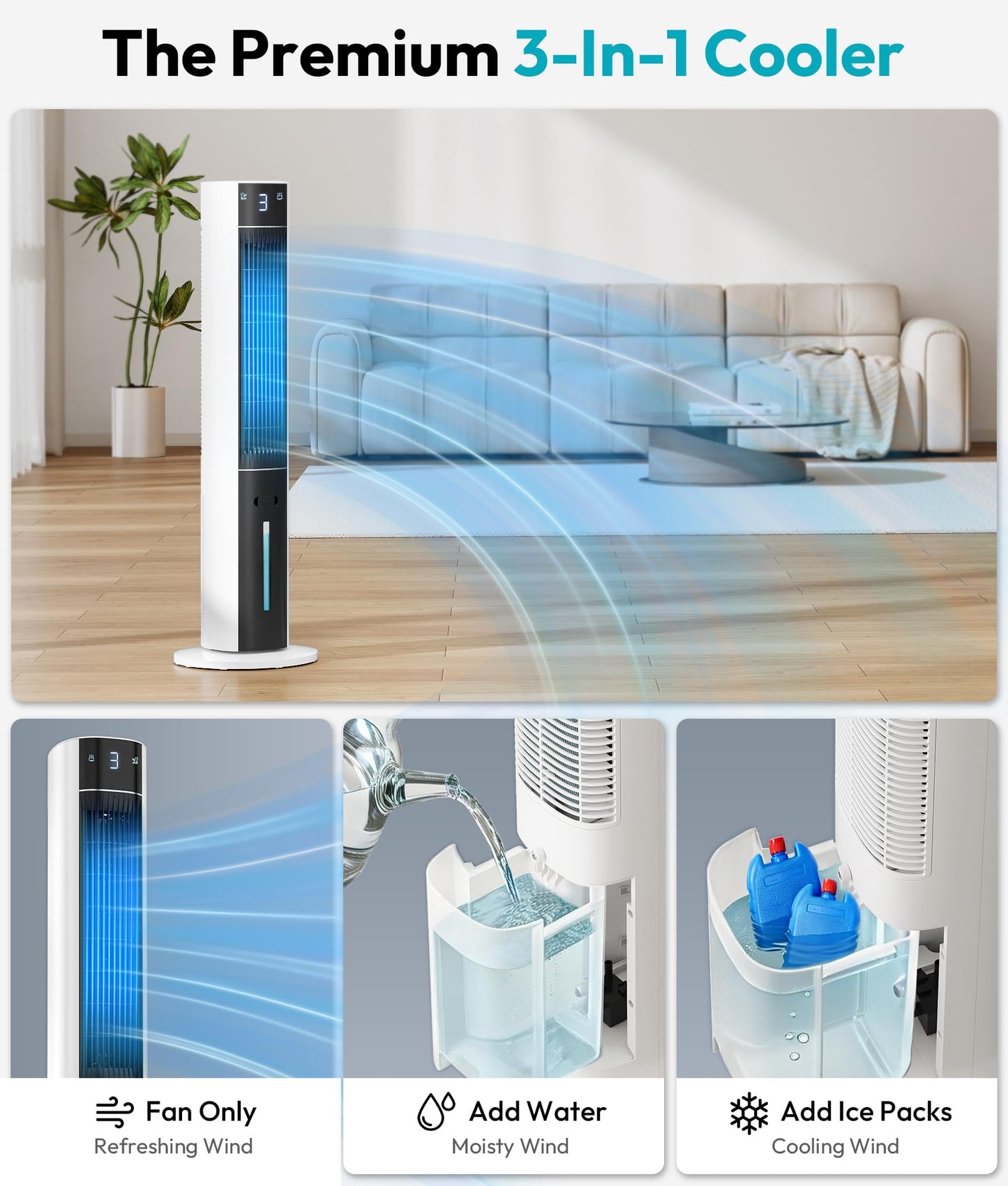 Rellytech Evaporative Air Cooler - Swamp Cooler with 3L Water Tank, 3 Modes & 3 Speeds, Remote Control, 12H Timer, 50° Oscillating Portable Bladeless Cooling Tower Fan For Room Bedroom Office