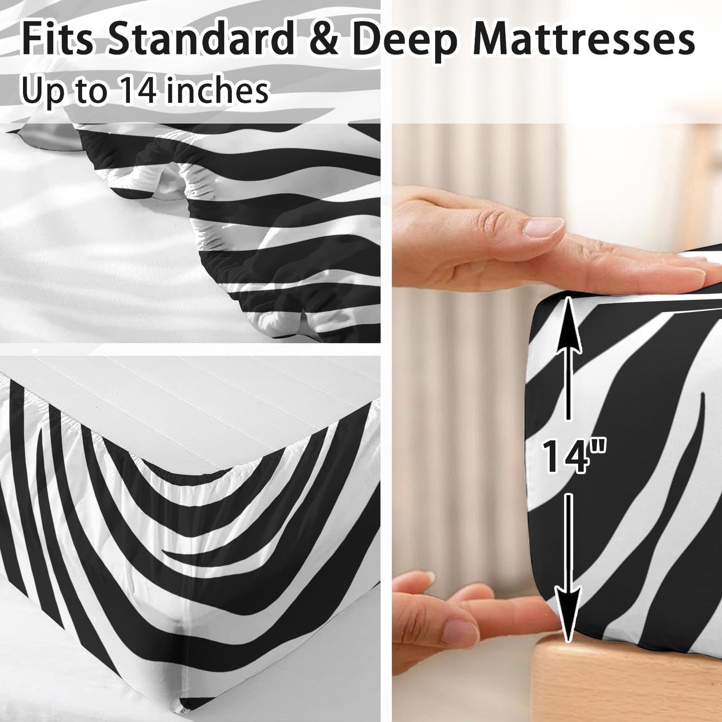 Pamnest Queen Size Bed Sheet Sets, Tiger Zebra Stripe Animal Soft Microfiber 4 Pcs Bedding Sets for Kids and Adults Bedroom Bed Decor, Black White Flat, Fitted Sheet and Pillowcases