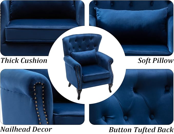 DM Furniture Set of 2 Mid-Century Modern Accent Chair, Velvet Armchair w/Tufted Back/Wood Legs, Upholstered Lounge Arm Chair Single Sofa for Living Room Bedroom, Blue