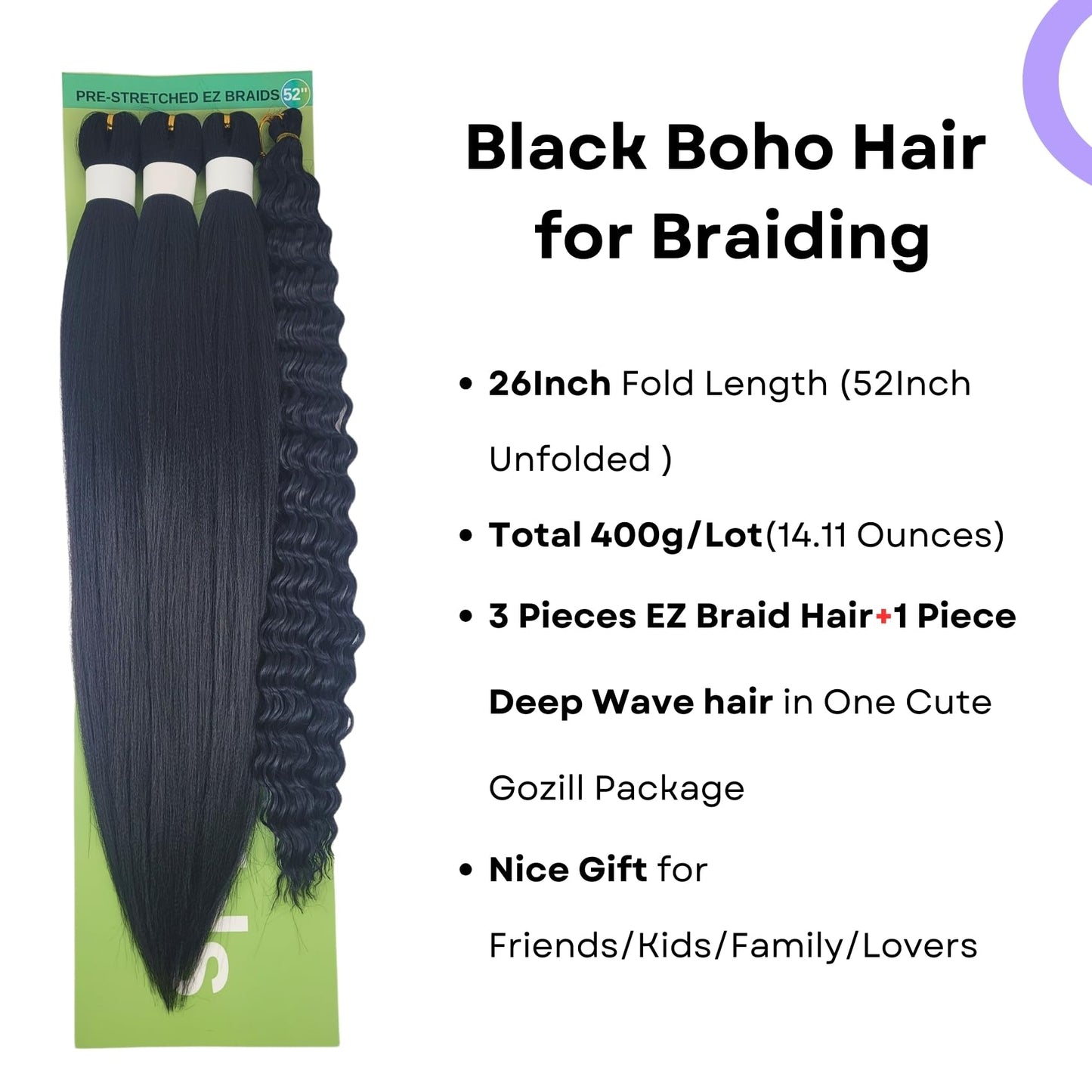 Black Braiding Hair Pre Stretched Knotless Braiding Hair for Boho Braids(6 Packs)