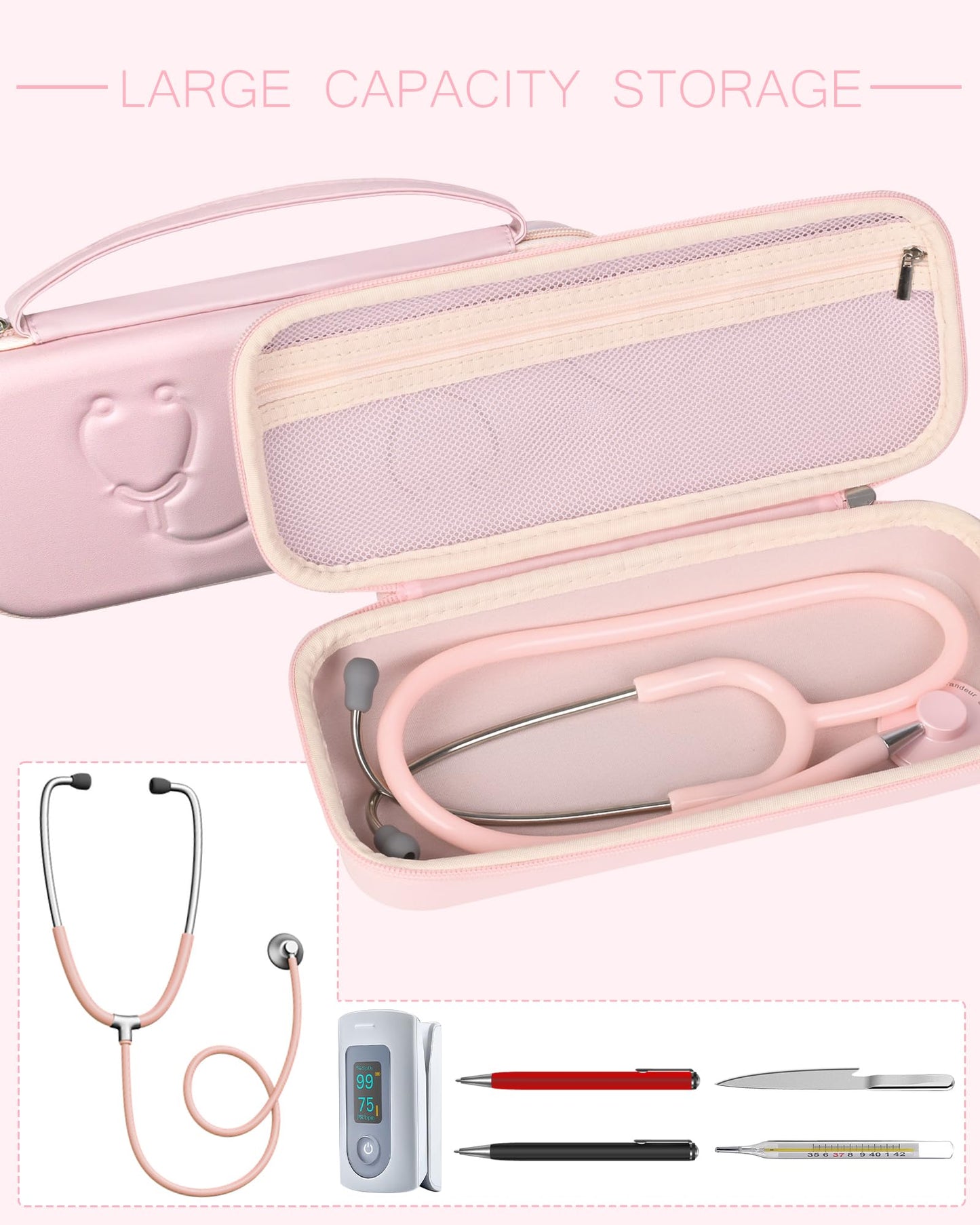 Hard Stethoscope Case for 3M Littmann Classic III, Lightweight II S.E, MDF Acoustica Stethoscope, Stethoscopes Carrying Case with Mesh Bag for Nurse Accessories Gauze Penlights Cotton Swabs