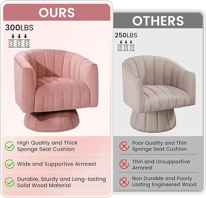Kromax Swivel Accent Chair, Mid Century 360 Degree Barrel Chair with Armrest, Overstuffed Tufted Velvet, Ideal for Living Room, Bedroom, Reading Room, Light Pink
