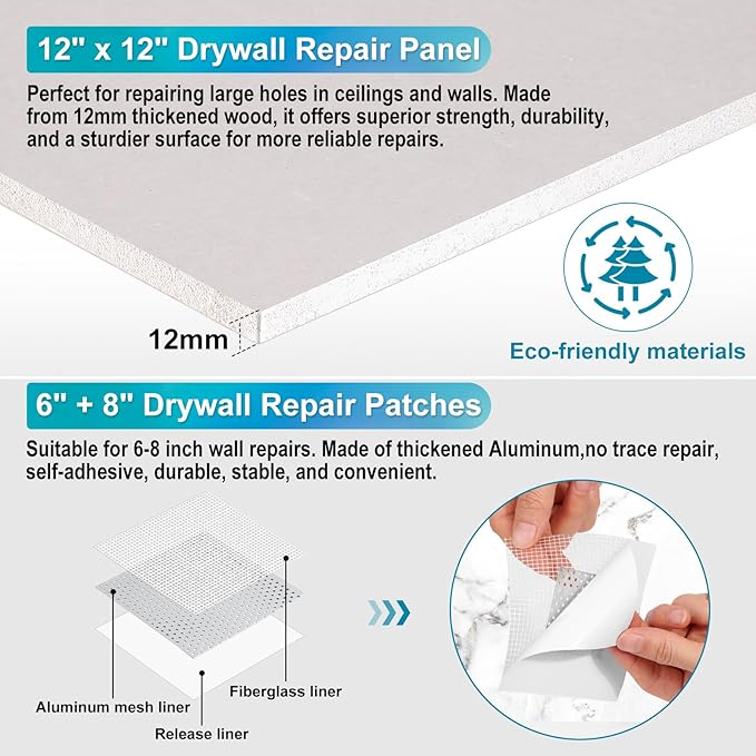 37 Pcs Drywall Repair Kit with 12"x12" Dry Wall Panel, Dry wall Patch Kit Sheetrock Repair Kit with Spackle, Mesh Tape, Putty Knives & Sanding Block for Sheet Rock Wall Surface Ceiling Large Hole Fill