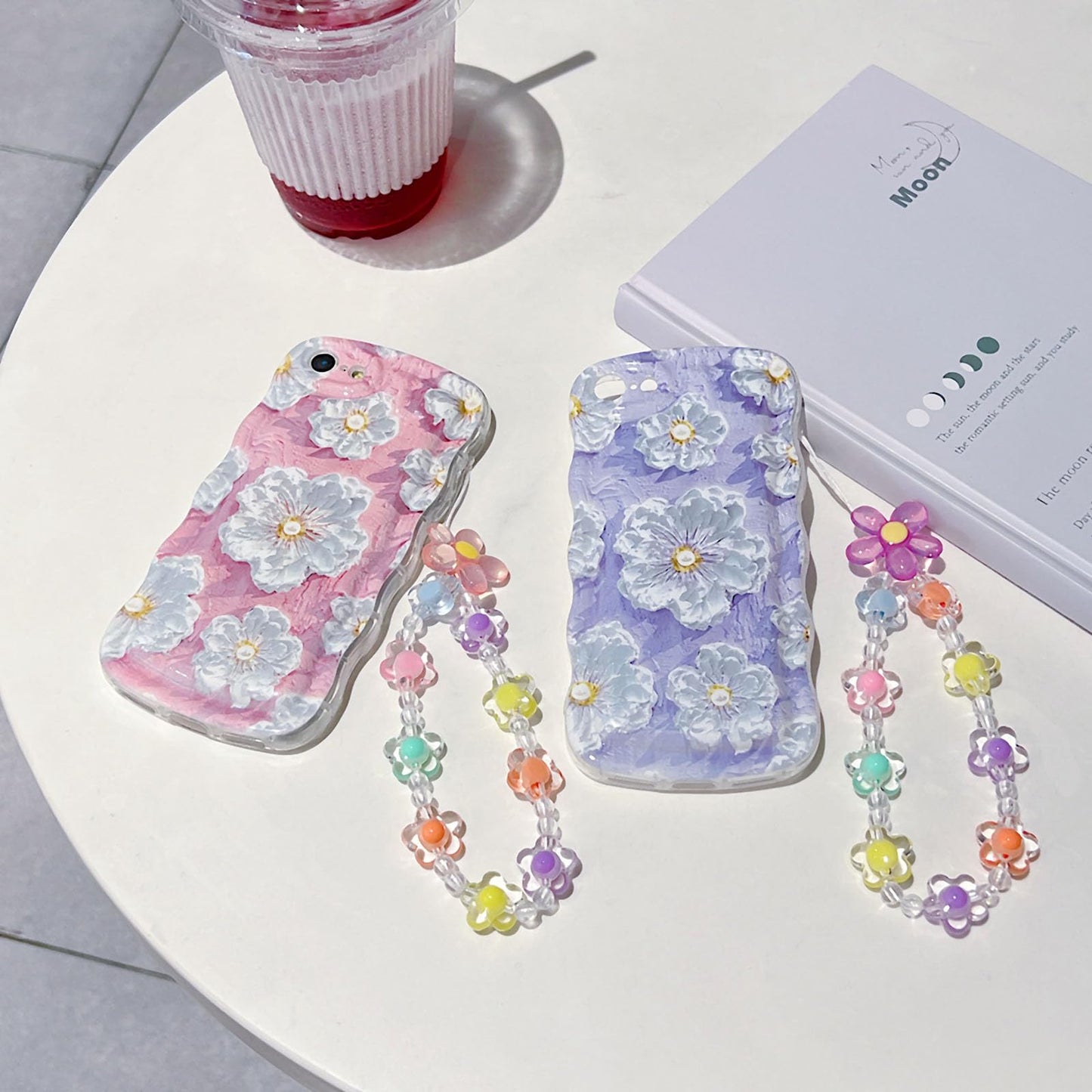 For Iphone 6 Iphone 6S Curly Wavy Case, Cute Colorful Retro Oil Painting Flower Glossy Pattern [With Bead Chain], Slim Fit Shock