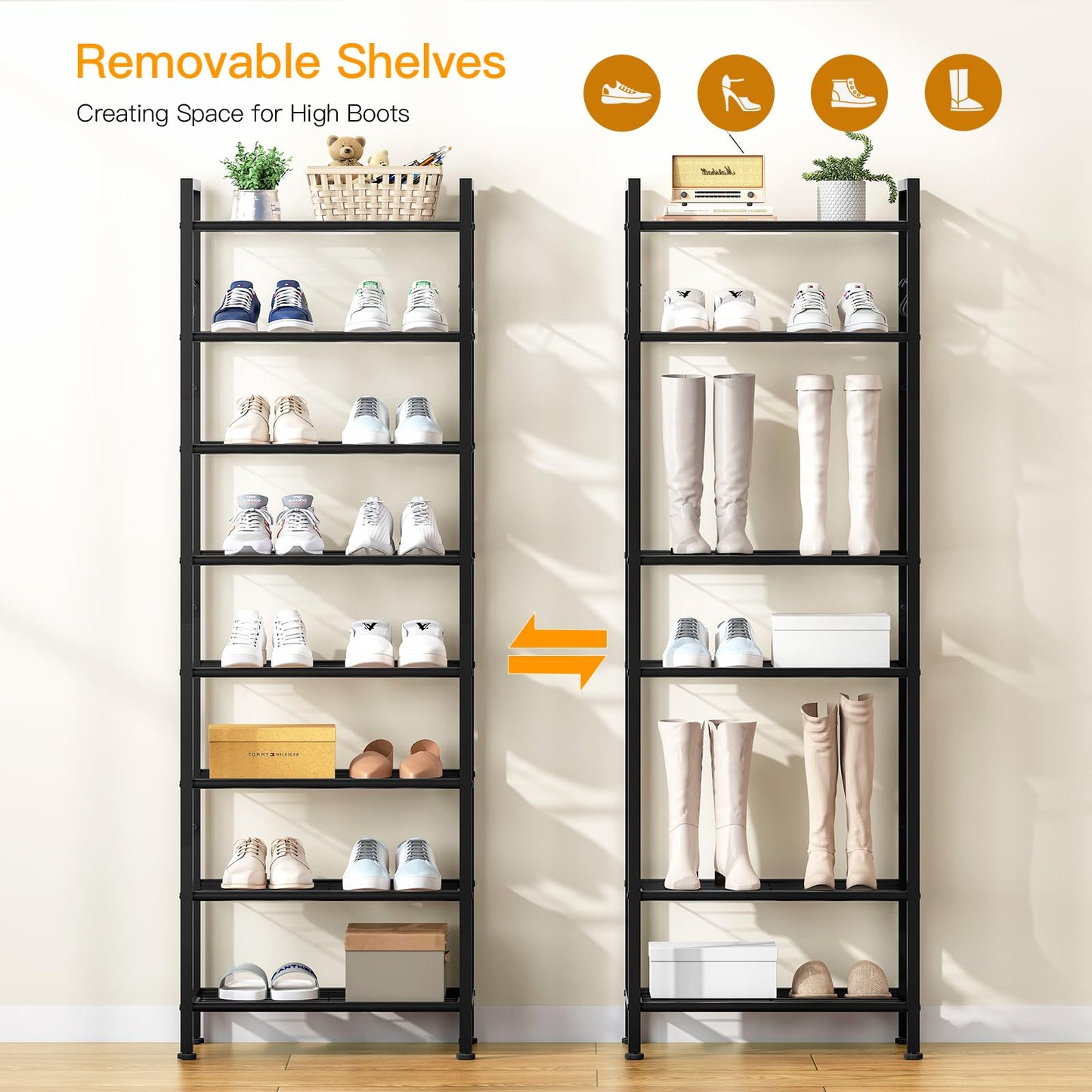 usikey 8 Tiers Narrow Shoe Rack 16-24 Pairs, Sturdy Metal Tall Shoe Rack with 4 Hooks, Slim Shoe Storage Organizer with Metal Shelf, Space Saving Vertical Shoe Shelf for Entryway, Closets, Black