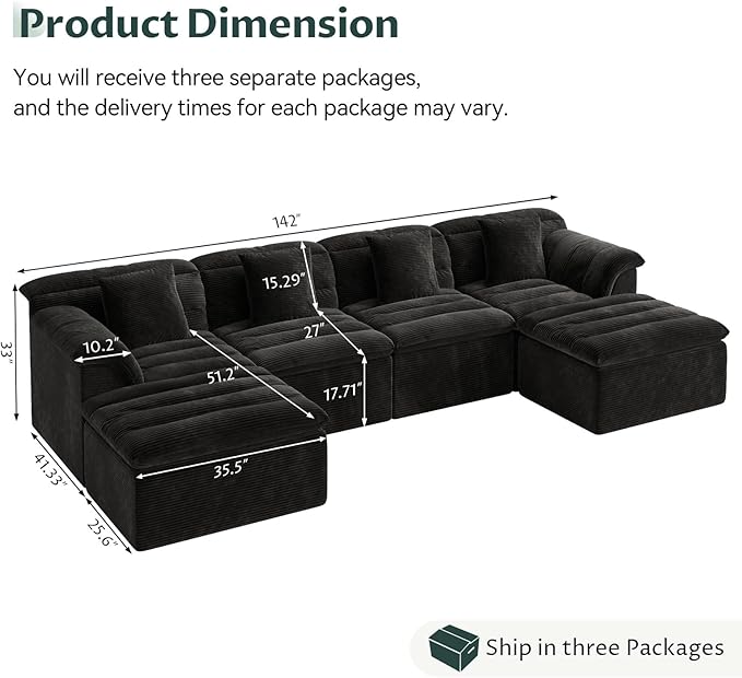 SUNG7 142" Modular Sofa with Ottoman, Boneless Cloud Couch with Deep Seat, Comfy U-Shape Corduroy Couches for Living Room, No Assembly Required, Black
