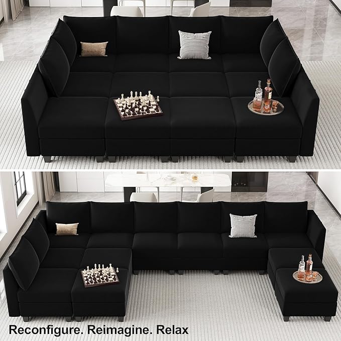 Belffin Oversized Modular Sectional Couch Sleeper Sofa with Storage Velvet Sectional Sofa Bed for Living Room, 12 Seats, Black