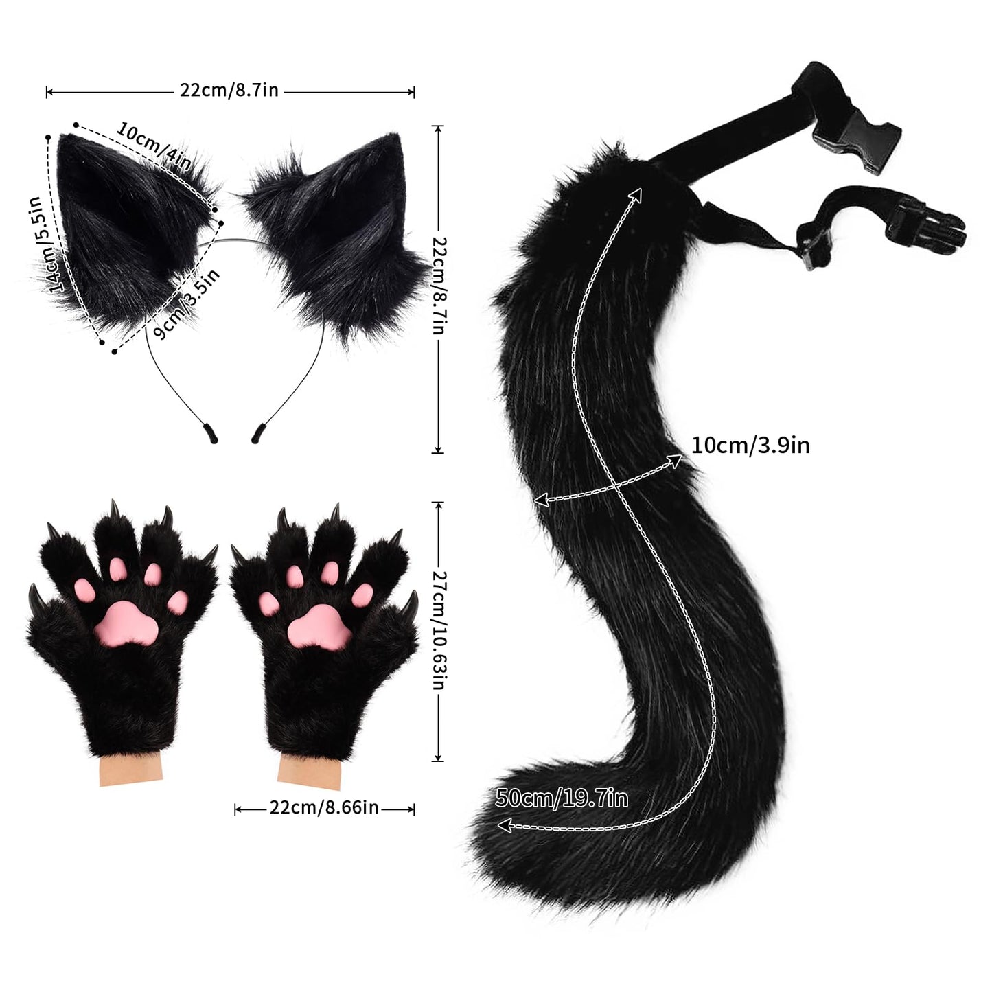 COSYEARS Fox Wolf Ears Headband Furry Tail Plush Cat Paw Mittens Gloves Set Halloween Party Cosplay Costumes Accessories