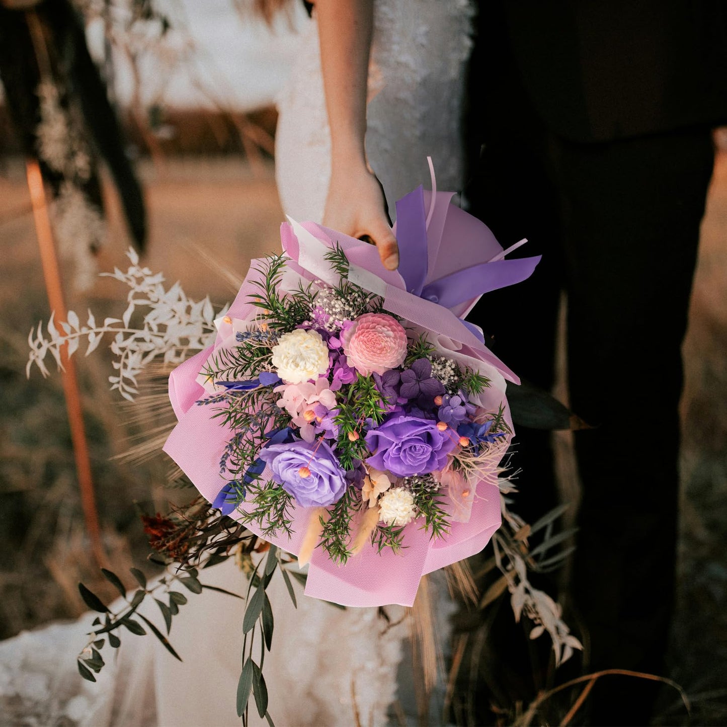 HUACHIPLUS Natural Eternal Flowers Gift: Preserved Flowers Bouquet, Anniversary, Birthday, Mom Gifts for her-Flowers for Delivery Prime-Purple Forever flower arrangement (Lilac)