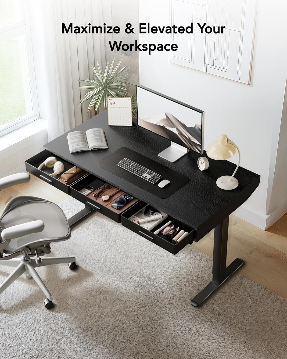 HUANUO Electric Standing Desk with Drawers, C-Clamp Mount Compatible, 40 x 22 Inch Height Adjustable Sit Stand Desk, Fabric Drawers, Home Office Stand Up Desk with 4 Custom Height Settings, Black