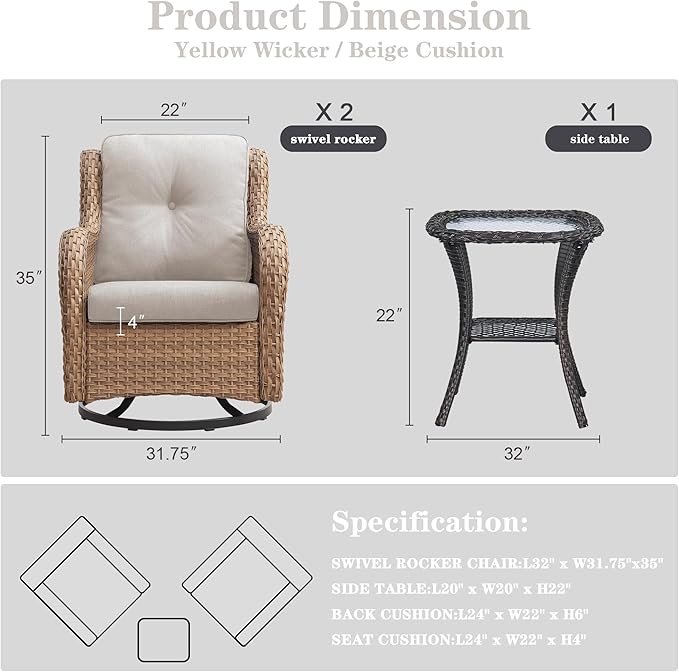 Belord Outdoor Swivel Rocker Patio Chairs - 360 Degree Swivel Glider Seating 350LBS Weight Capacity 3 Piece Wicker Rocking Chairs Set with Side Table for Porch Balcony Deck, Yellow/Beige
