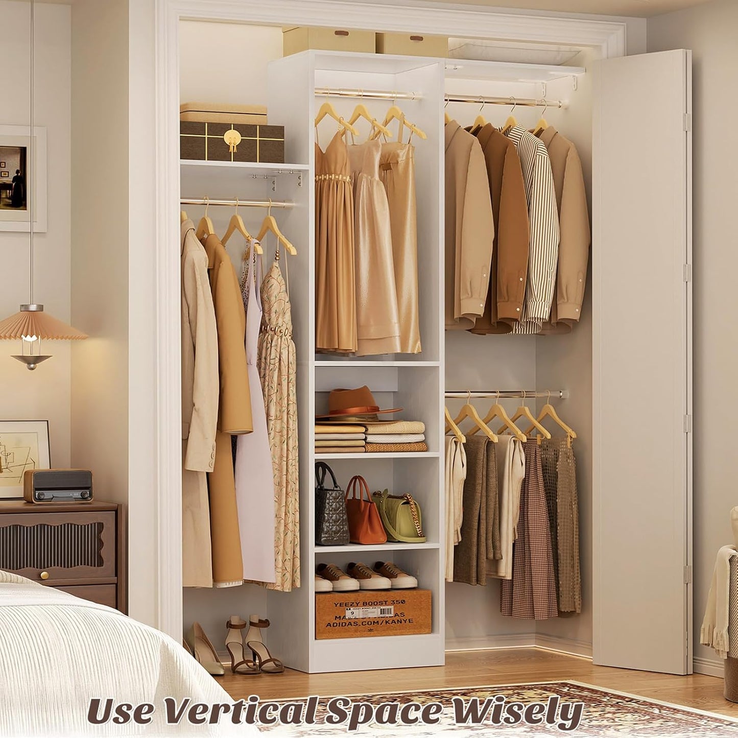 48" Small Closet Organizer, 4FT Small Closet System with 4 Closet Rods & 3 Shelves, 80"H Small Closet Organizers and Storage for Small Bedooms, Cloakrooms, Laundry Rooms, White