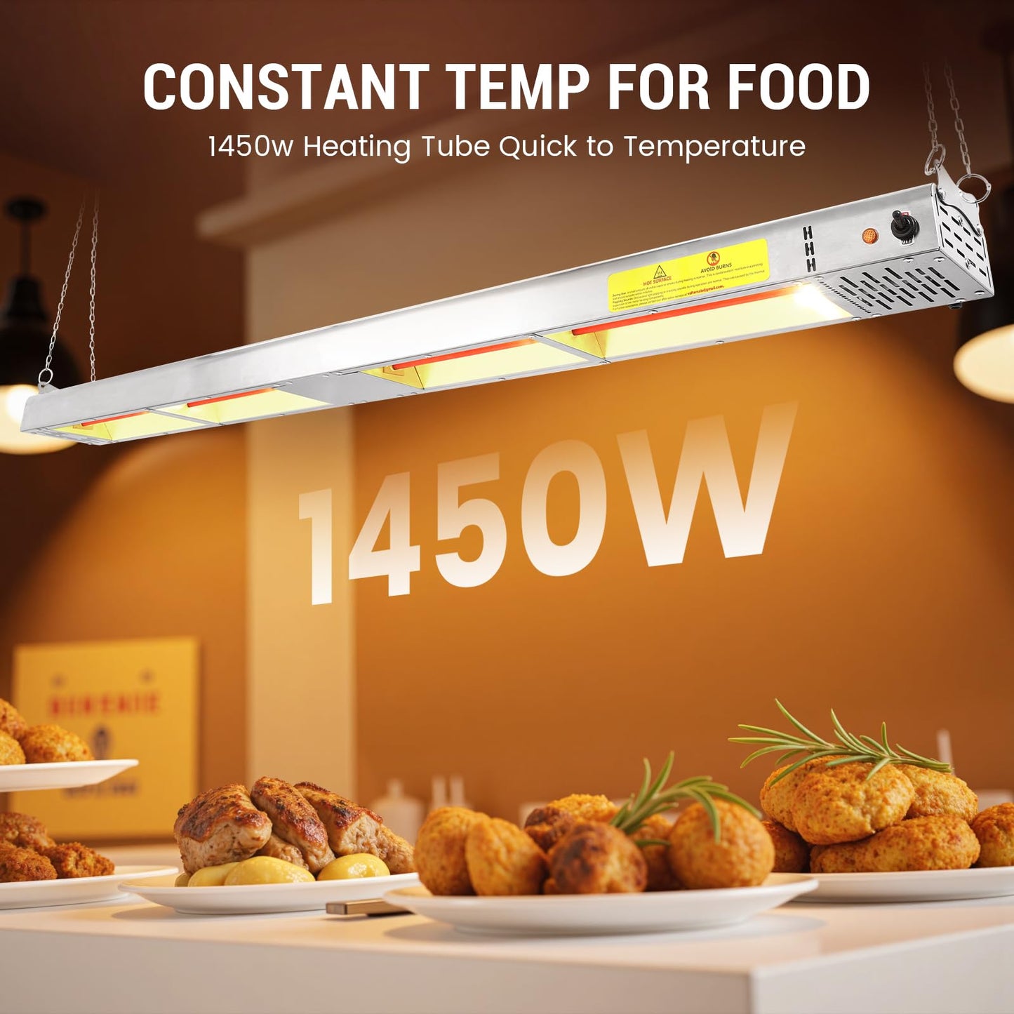 Hiteemer 60-Inch Food Heat Lamp, 1450W Commercial Food Warmer Electric Strip Heater Overhead Stainless Steel Catering Heating Lamp for Buffet Restaurant Parties Kitchen, Silver 115V