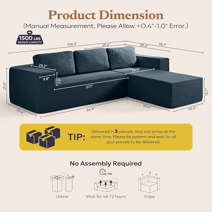 Furnify 106" Modular Sectional Couch Left/Right Facing Convertible, L-Shape Modern Teddy Sofa, Deep Seat Upholstered Foam Couch for Living Room Bedroom, No Assembly Required (Blue, Teddy Boucle)