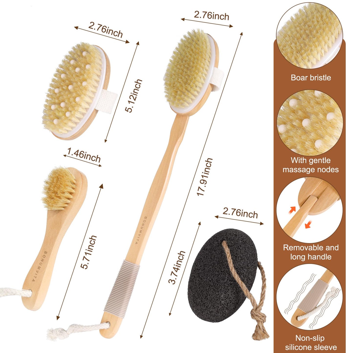 BONUMVITA Dry Brushing Body Brush Set- Wooden Long Handle Body Brush Set with Pumice Stone & Face Brush, Boar Bristle Body Bath
