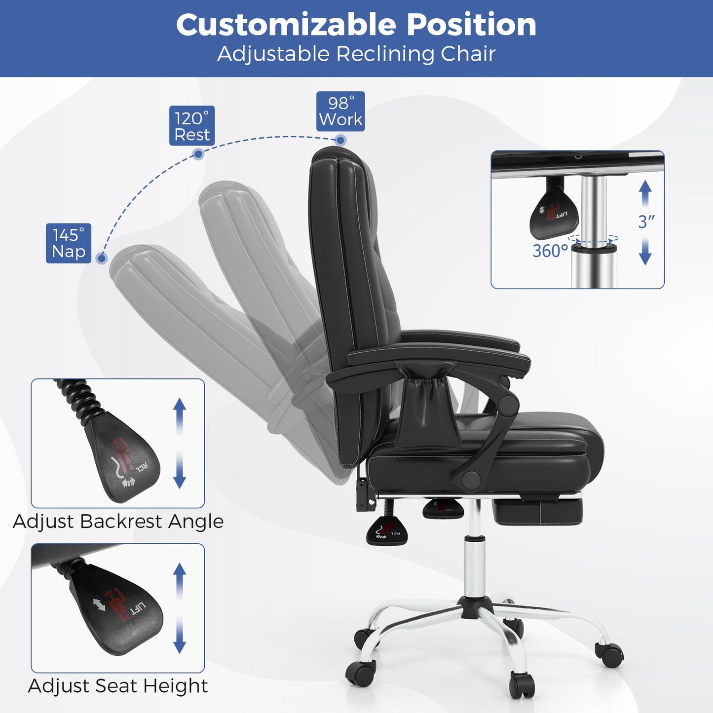 Giantex Massage Adjustable Executive Chair - 400 LBS Big and Tall Office Chair with Linkage Armrests, High Back Leather Swivel Computer Task Chair, Large Ergonomic Reclining Home Office Chair (Black)