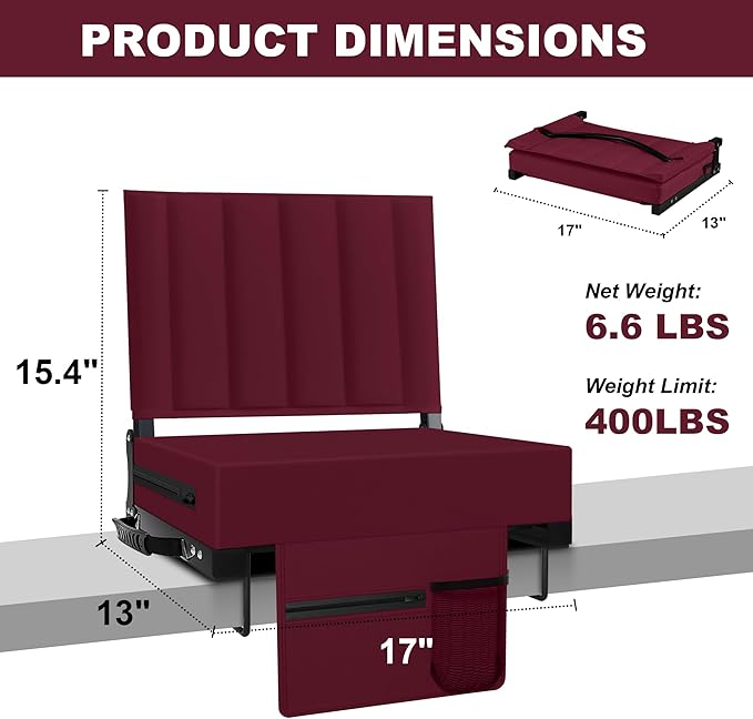 Aliphon Stadium Seat for Bleachers with Back Support and Cushion, Bleacher Seats with Shoulder Strap and Cup Holder, Padded Portable Folding Comfort Stadium Chair, for Sports Events,Wine Red(1pcs)