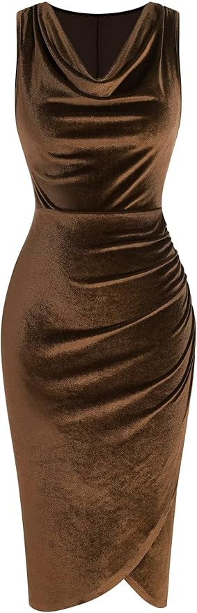 ZAFUL Womens Sleeveless Cocktail Dresses V Neck Party Midi Wedding Guest Dress Ruched Bodycon Work Office Dress