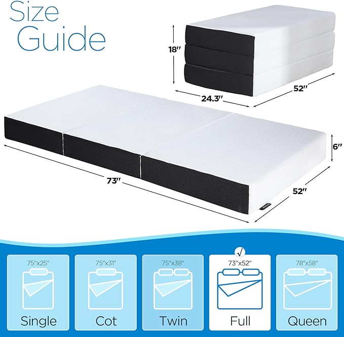 Roxzo Mattress Topper, 6 Inch Memory Foam, Full Size, Tri-fold, Ventilated, Conform Ergonomics, Soft, Portable, Floor Guest Bed, 73x52x6 inches