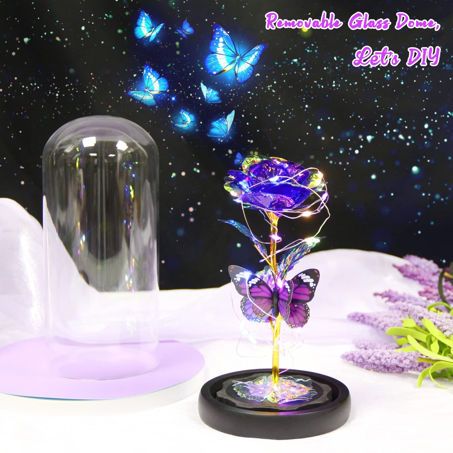 Purple Butterfly Rose Flower Birthday Gifts - Women Gifts for Her Mothers Day Valentines Anniversary Christmas Thanksgiving - Light Up Rose Flower Gifts for Mom Wife Grandma Girlfriend Daughter Sister