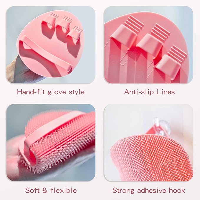 Manmihealth Silicone Back Scrubber(Thick Bristles) & Soft Bath Glove Set, Super-Exfoliating Body Scrubber & Super-Lathering Shower Brush Combination, with a Free Hook.(Pink)