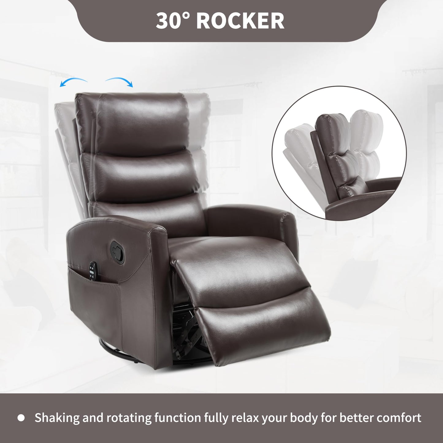 KEIKI 4-in-1 Manual Swivel Rocker Recliner Chair for Home Living Room, Faux Leather Chair with Back Massager & Heat, Home Theater Seating with Lumbar Support, Soft Bedroom Chairs for Adults, Brown