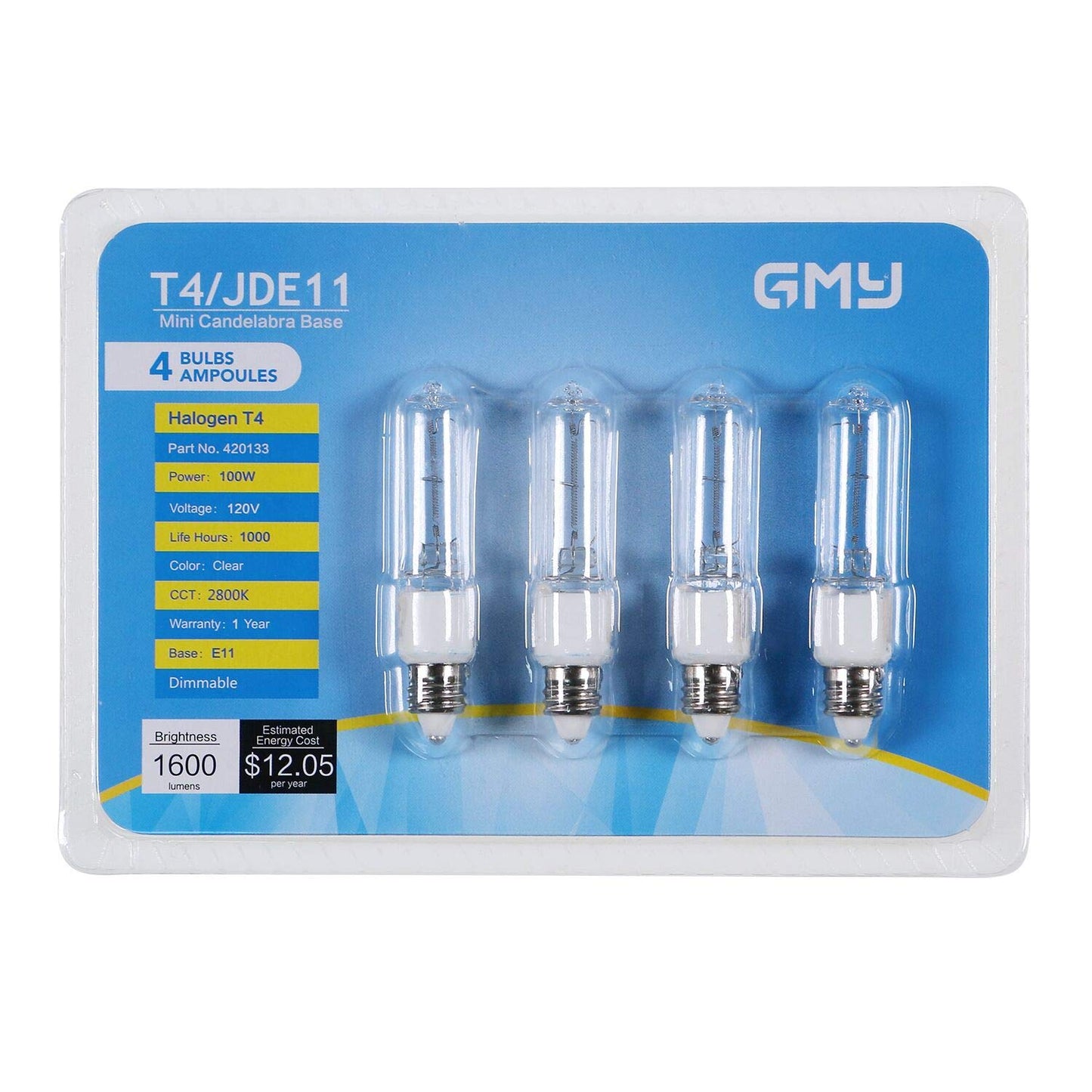 GMY JDE11 120V 100W T4 JDE11 Bulb, Mini Candelabra Base E11 Bulb, 1600lm 2800K Clear Dimmable 100 watt Halogen Light Bulbs for Ceiling fan light bulbs Replace E11 Led Bulb - 4Pack