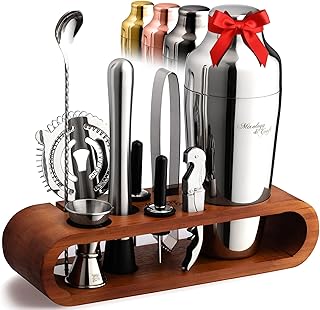 Mixology & Craft Cocktail Shaker Set with Dark Bamboo Stand - Professional 10-Piece Bartender Kit - Complete Bar Set & Coc...