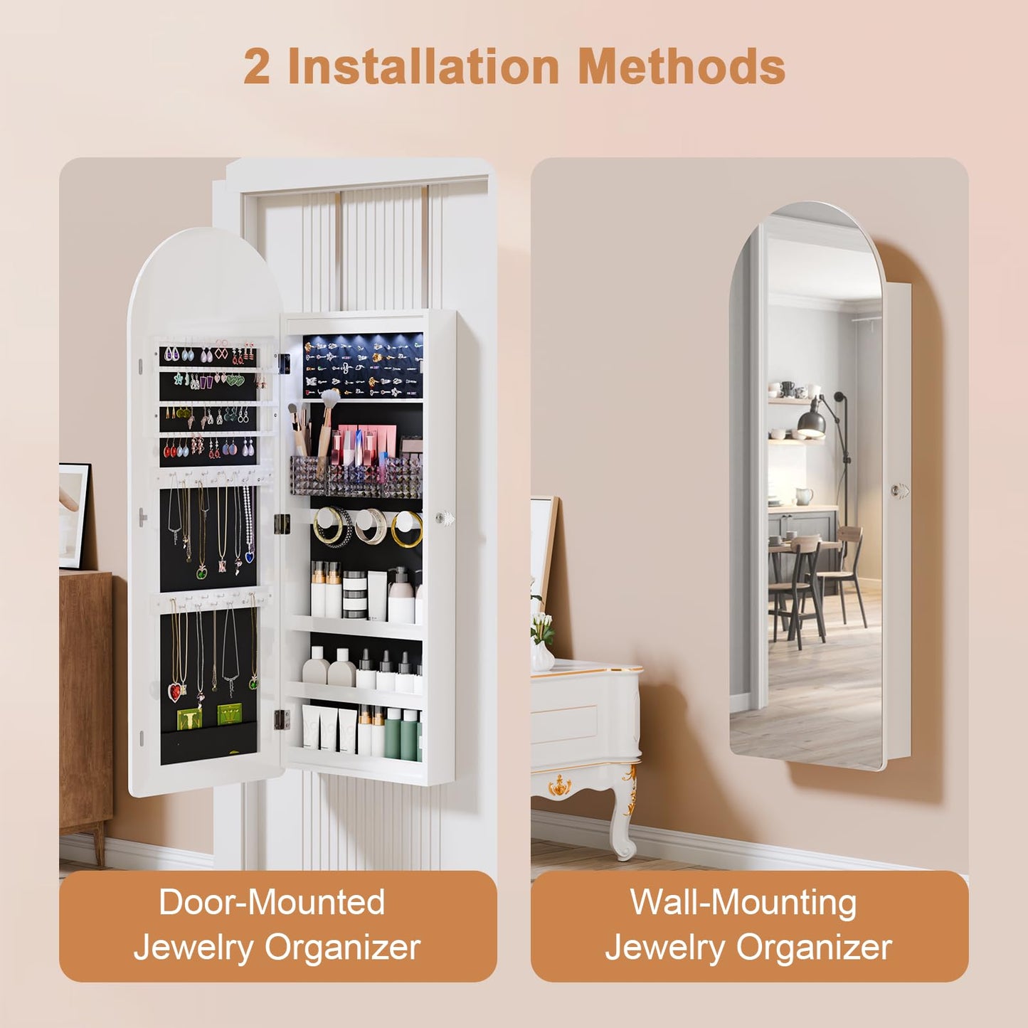 FONTOI LED Mirror Jewelry Cabinet, 42.5” Arched Wall or Door Mounted Jewelry Armoire with Full-Length Mirror & 2 Drawers, Lockable Jewelry Organizer with Ring Slots & Necklace Hooks, White