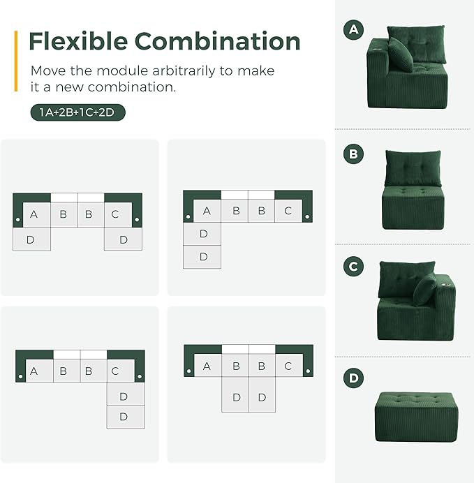 MAXYOYO 129.5" Modular Sectional Sofa Couch, U Shaped Modern Cloud Couch, Sofa in A Box, Tufted 6-Seat Boneless Sleeper Lounger for Living Room, No Assembly Required, Green