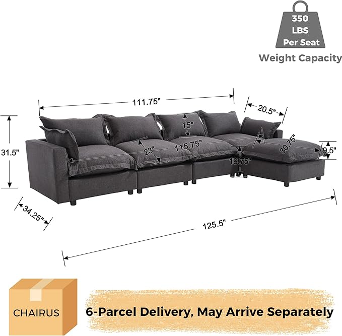 chairus 126" Modular Sectional Sofa with Moveable Ottoman Upholstered Deep Seat Linen Couch Set with Soft Pillows L-Shape Sofa Couch for Living Room, Apartment, Reception Room, 4-Seater/Black