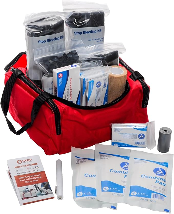 MFASCO Stop The Bleed Trauma Kit 4 Pack - Red Bag with STAT Tourniquet - Fully Stocked First Responder, EMT, & Military Fi...