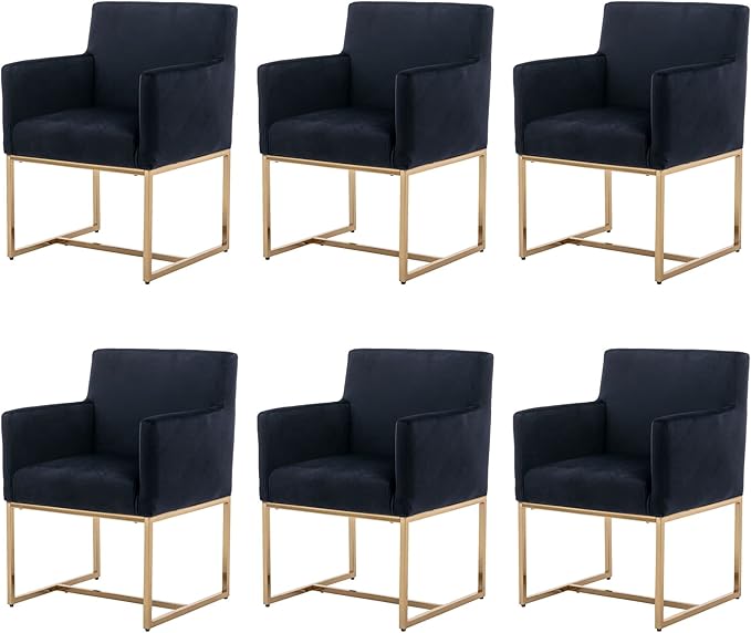 BESTANO Set of 6 Upholstered Velvet Dining Chairs with Armrest, Mid Century Modern Accent Armchairs, Modern Kitchen & Dining Room Chairs with Gold Frame, Black