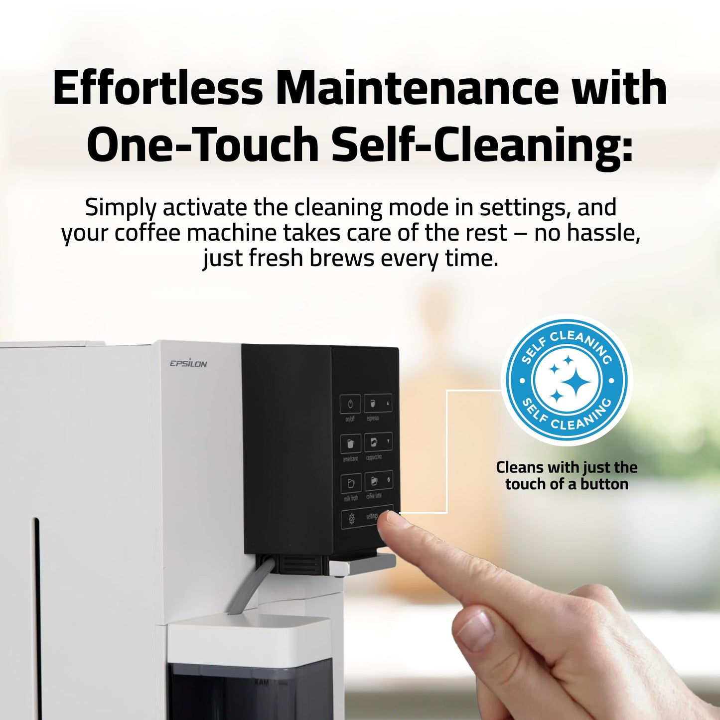 Epsilon Fully Automatic Coffee Machine, Modern One Touch Espresso Machine, Integrated Milk Frother and Custom Brewing Cafe Maker, Compact Countertop Size, Self Cleaning Cafetera (White)
