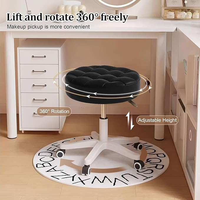 JPBSTO Small Rolling Stool with Wheels, PU Leather Height Adjustable Vanity Work Task Stool, 360 Swivel, Padded Seat Cushion,for Salon, Home, Office