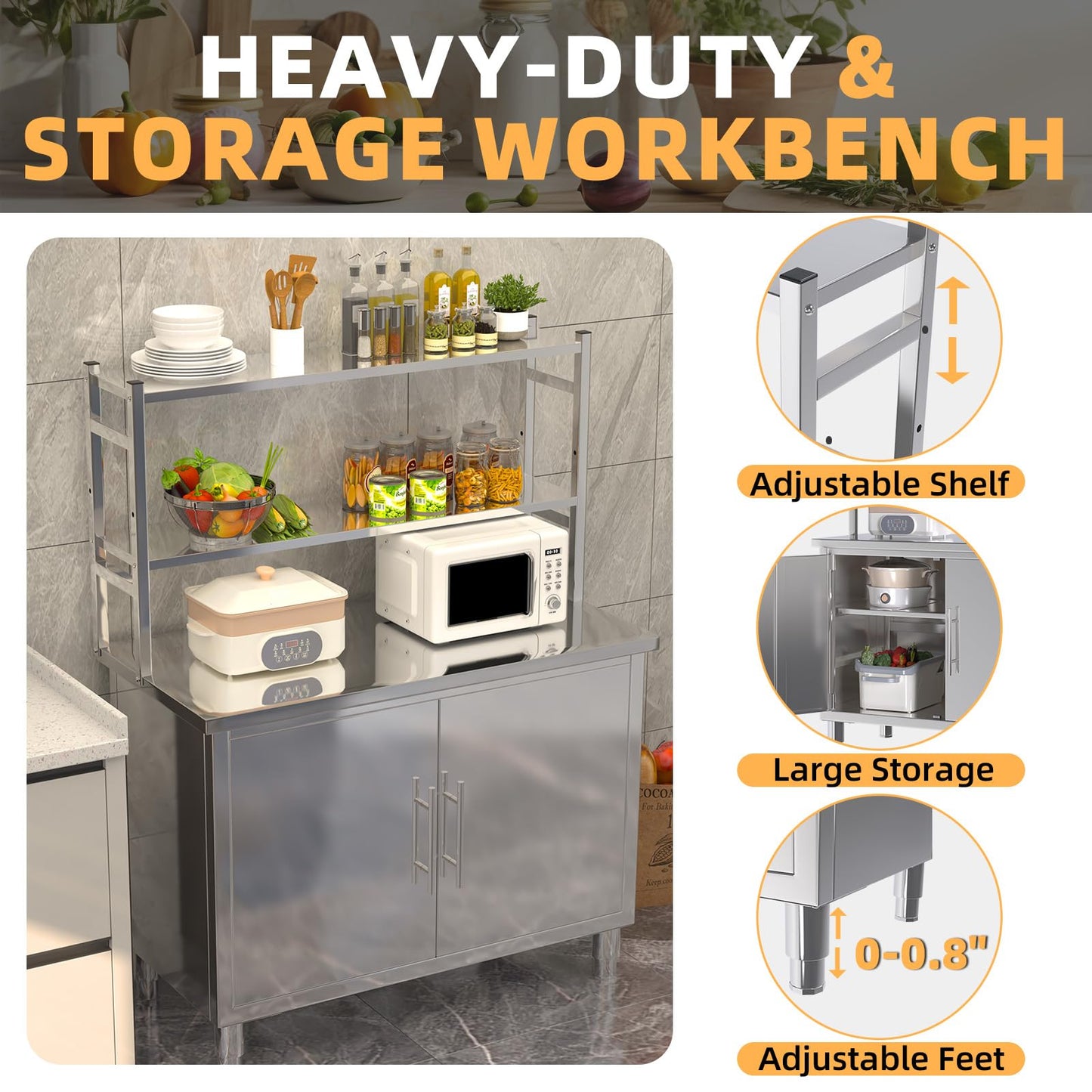 JFHID Stainless Steel Table with Cabinet 40"x20" Prep Worktable for Commercial Kitchen Steel Countertop with Adjustable Tier & Cabinet Shelf Work Table Workbench for Home Restaurant