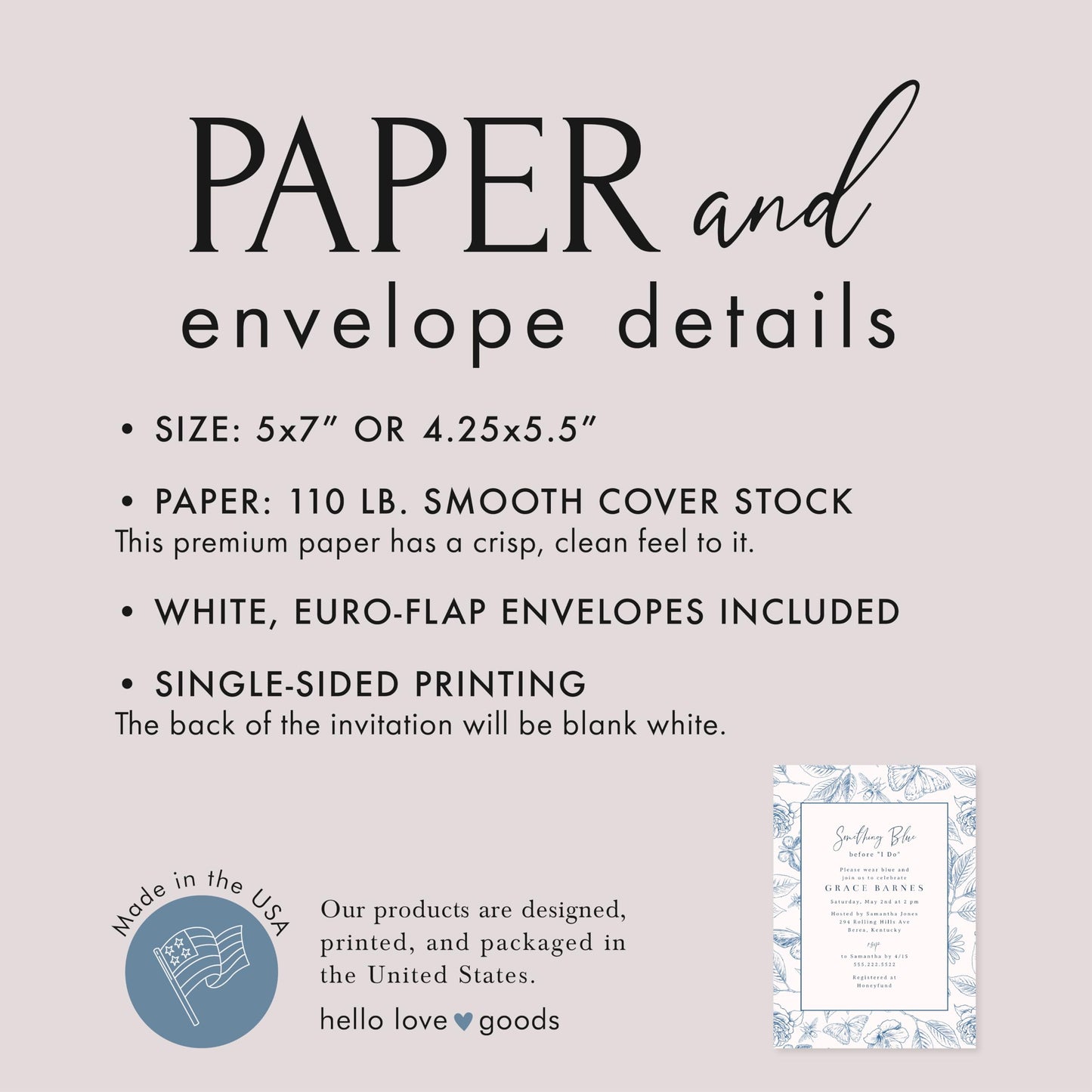 Hello Love Goods Something Blue Bridal Shower Invitations, Personalized Invites with Envelopes - 4.25x5.5 or 5x7