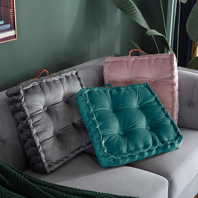 vctops Square Solid Color Velvet Seat Cushion with Handle Tufted Thicken Chair Pad Tatami Floor Pillow Cushion 16.5"x16.5"x4" Blue