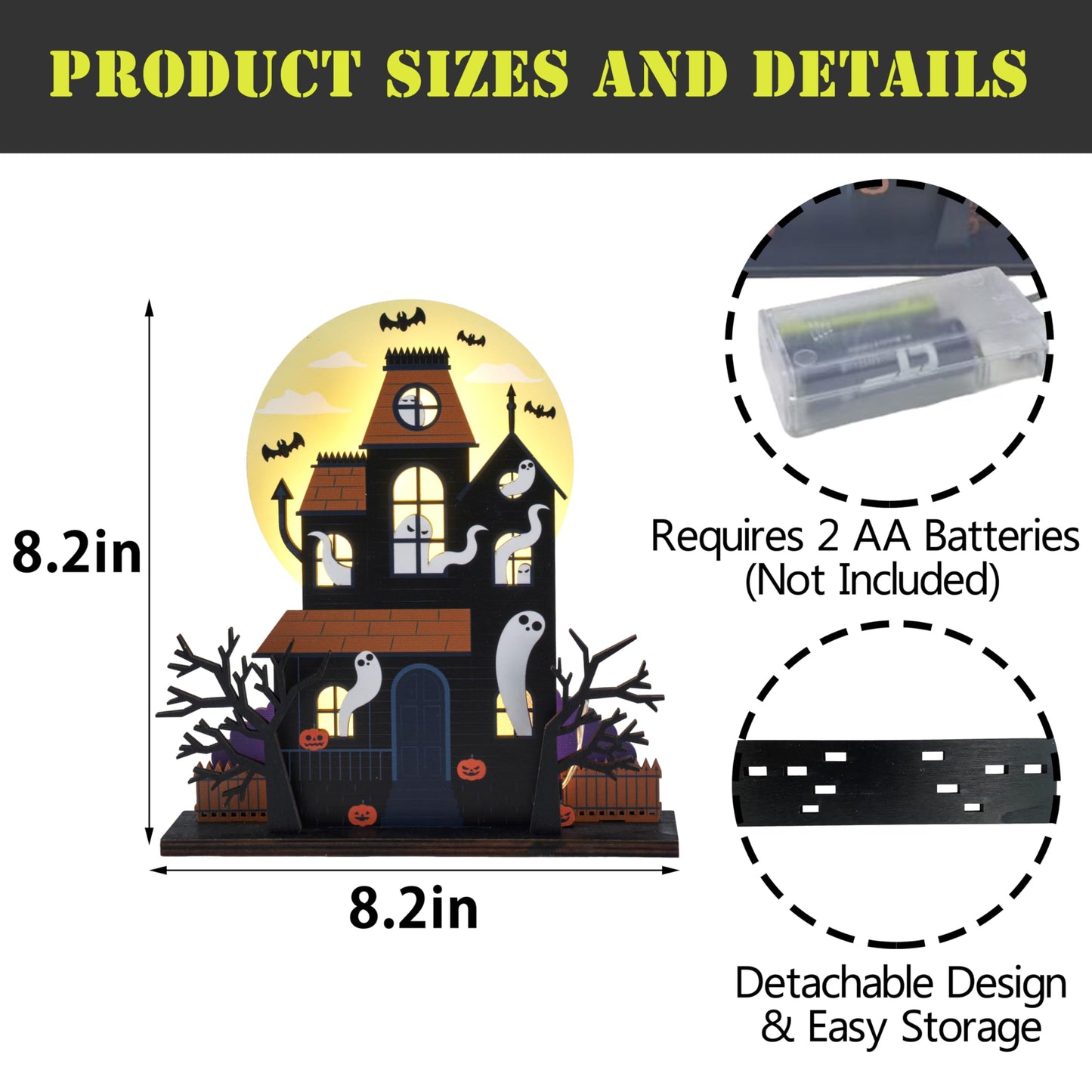 FESTGLOX Halloween Haunted House Decorations, Detachable Light Up Ghost House, Wooden Halloween Tabletop Decorations, Battery Operated Lighted Houses Village Indoor Spooky Decor