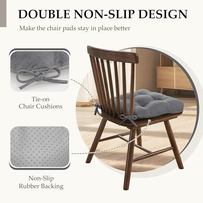 HARBOREST Chair Cushions for Dining Chairs Set of 2 - Chenille Tufted Kitchen Chair Cushions with Ties and Non-Slip Bottom, Foam Chair Pads for Dining Chairs, 17" x 17", Grey