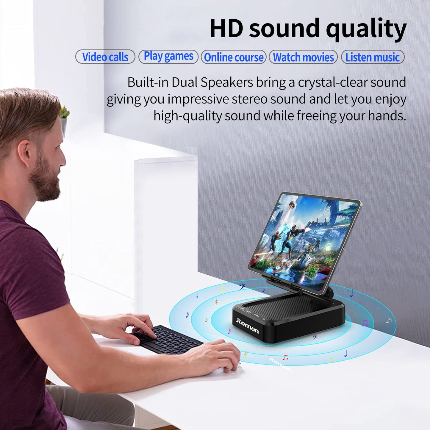 Jteman Tablet Stand Adjustable With Bluetooth Speakers,Kitchen Gadgets,Gifts For Women Men,Wireless Bluetooth Speaker Tablet Hol