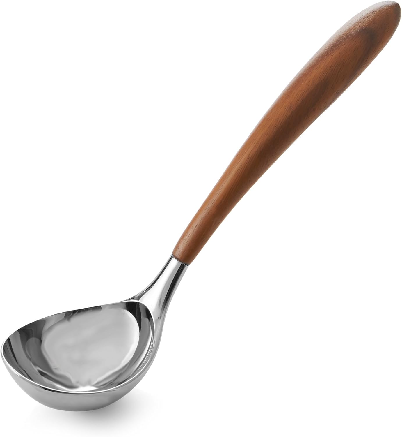 nambe Curvo Kitchen Ladle | 12.5 Inch Ladle for Serving Soups, Stews, and Sauces | Made of Stainless Steel and Acacia Wood | Designed by Steve Cozzolino