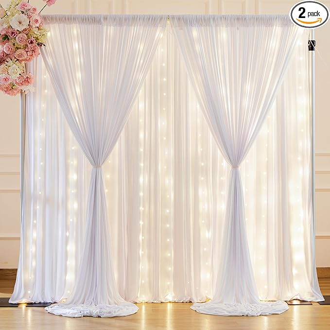 10 x 10 ft White Backdrop Curtains with Lights String for Wedding Polyester Photo Background Drapes White Wrinkle Free Sof...