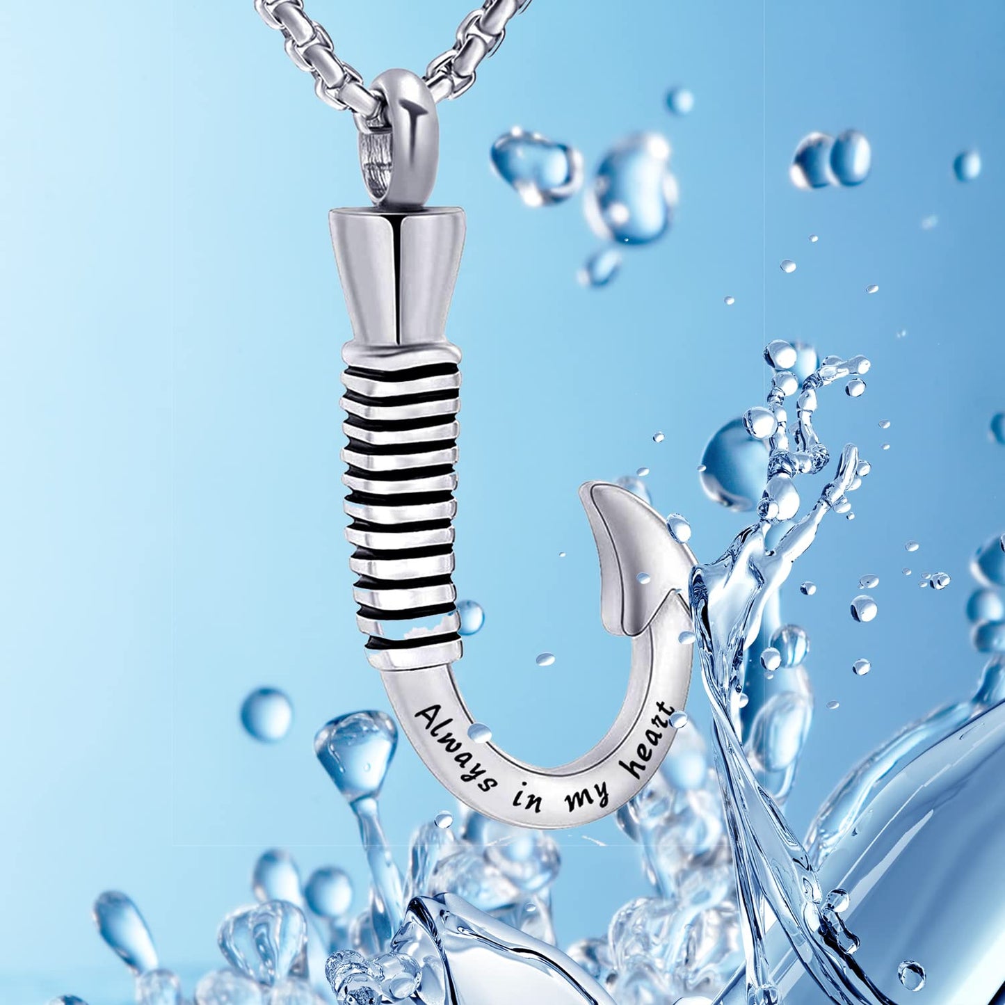 YOUFENG Fishing Hook Urn Necklace for Ashes Stainless Steel Cremation Jewelry Always in My Heart Ashes Necklaces Memorial Keepsa