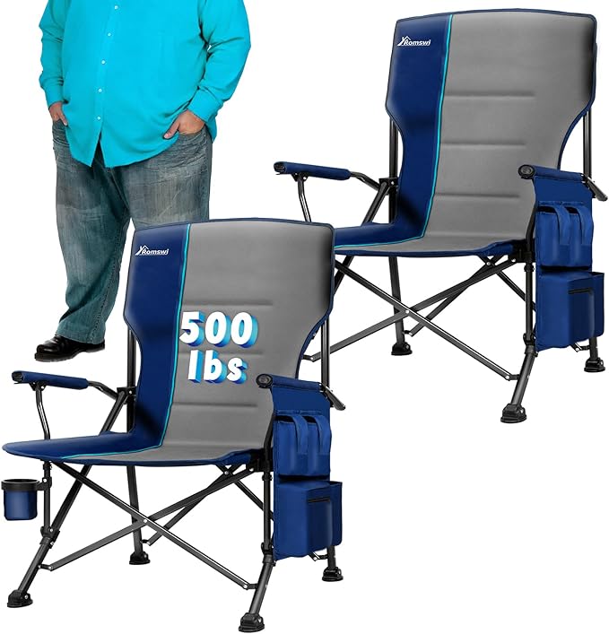 Romswi Oversized Camping Folding Chairs, Heavy Duty for Adults Support 500 LBS, High Back Camp Chairs with Hard Armrests, Cup Holder & Side Pockets for Outdoor, Garden 2 Pack