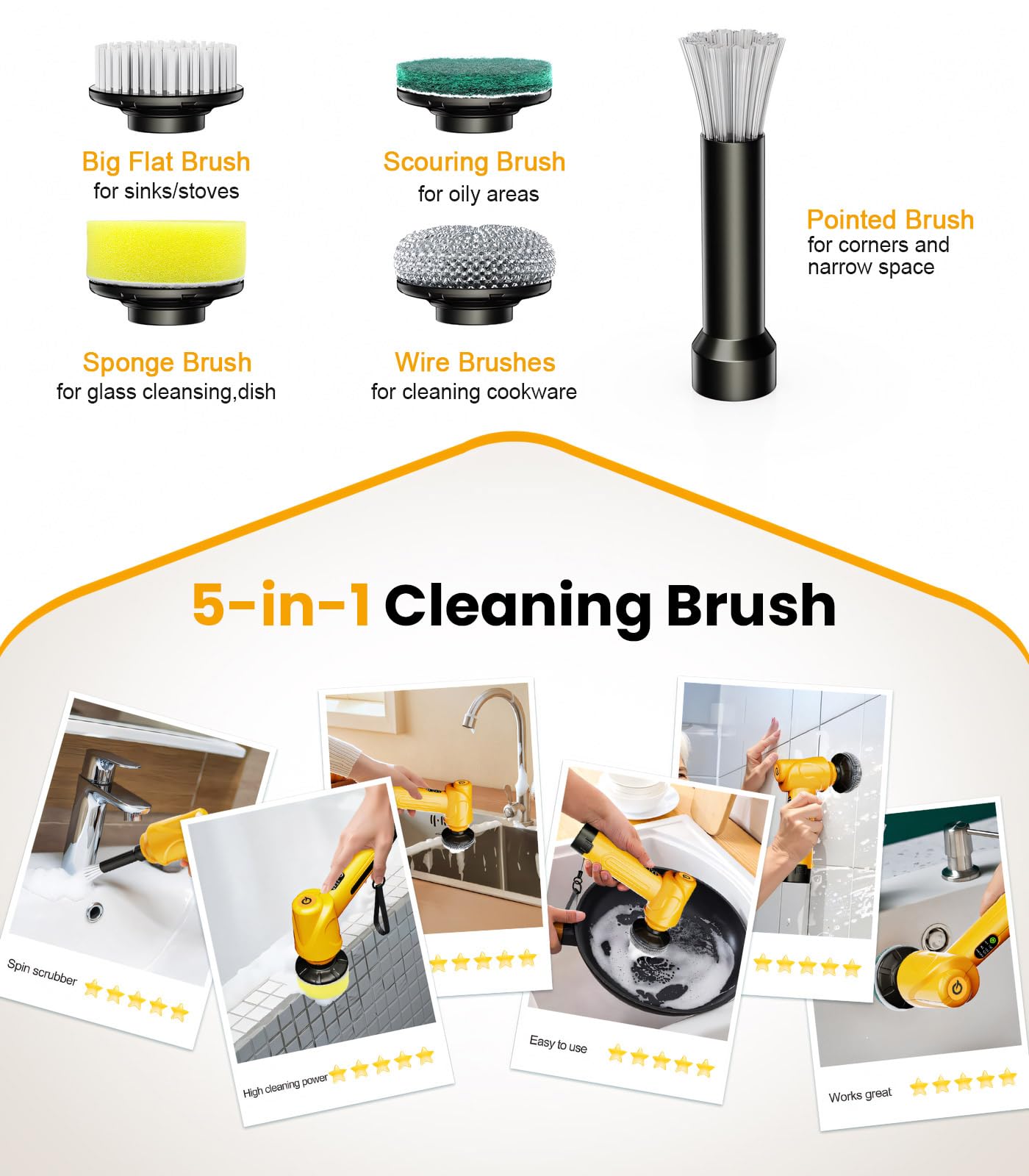 qimedo 5000mAh Battery Electric Spin Scrubber Q4, Handheld Scrubber for Cleaning with Display, Power Dish Scrubber with 5 Heads, Shower Cordless Cleaning Brush Gifts for Mom
