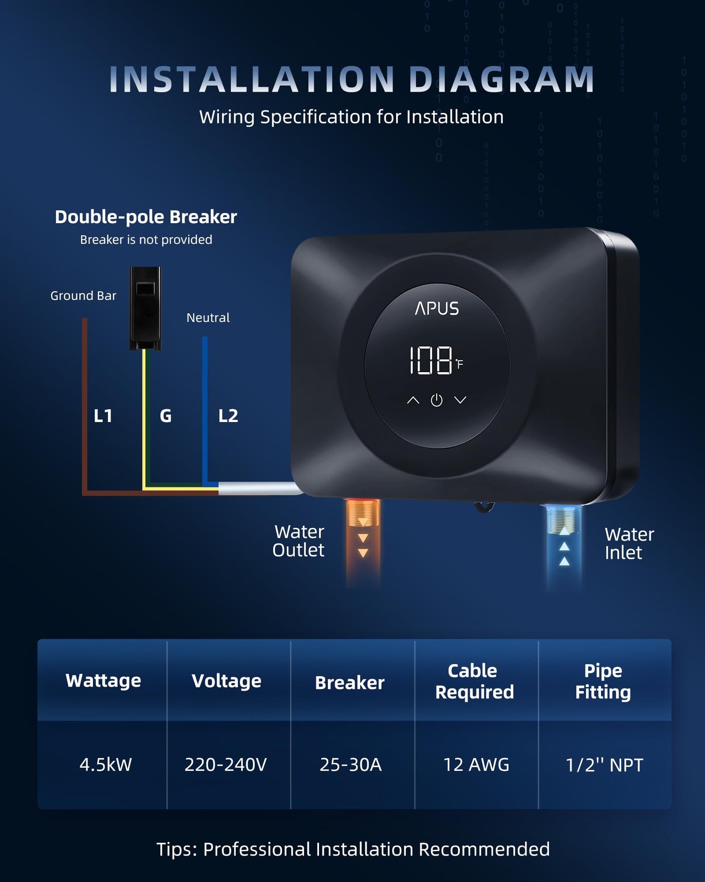APUS Tankless Water Heater Electric 240V, 4500W Instant On Demand Hot Water Heaters, Under Sink Point of Use Water Heater, LED Digital Display, Ultra Compact for Kitchen, Bathroom, Laundry,Black