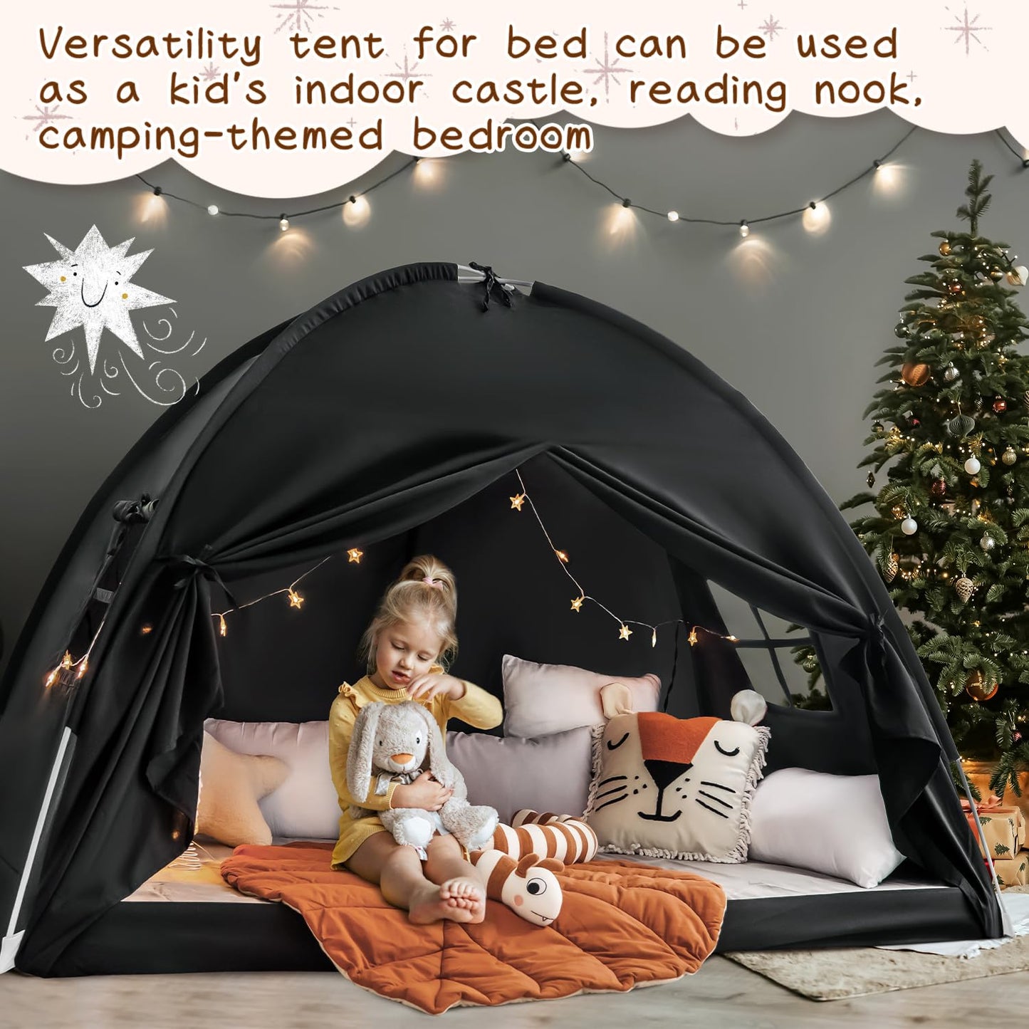 Twin Size Bed Canopy Toddler, Kids Bed Tents Indoor Dream Tent on Bunk Bed Privacy Space Blackout Sleeping Tents Portable Drafty Floor Playhouse for Boys Girl Birthday, Christmas House Gift, Black