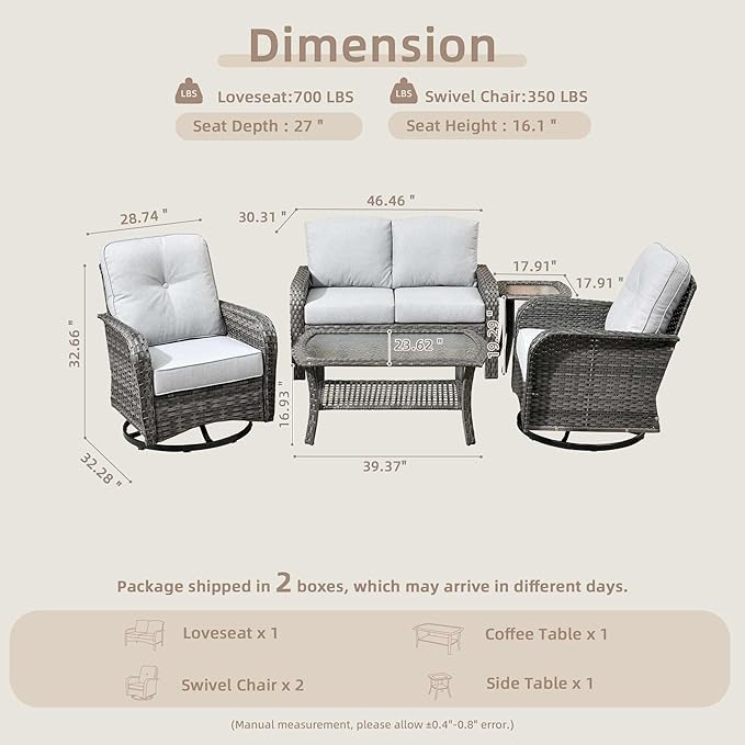 CAODOC 5 Pieces Patio Furniture Set,Outdoor Furniture with Rockers, Rattan Conversation Sets w/Coffee Table, Grey Wicker Light Grey Cushion